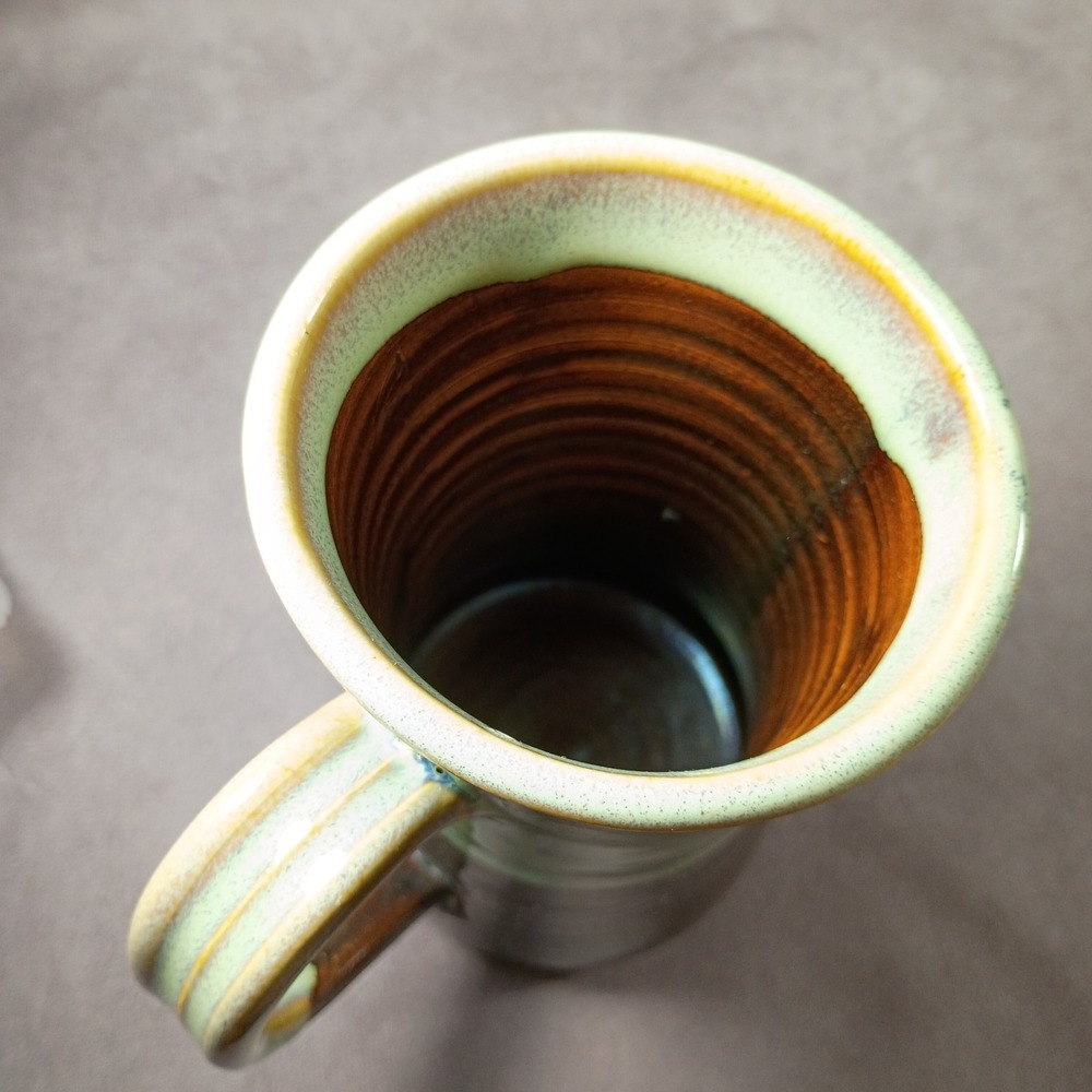 Hand Thrown Studio Art Pottery Mug Celedon & Brown Glazed 16oz Signed 6" Tall - Picture 3 of 9